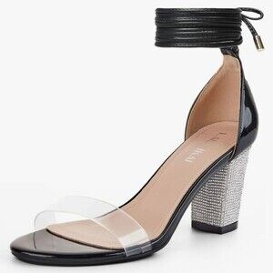 Lala Akai Black Lace Up Ankle Open Toe Rhinestone Block Heel Women's Size 8 / 39